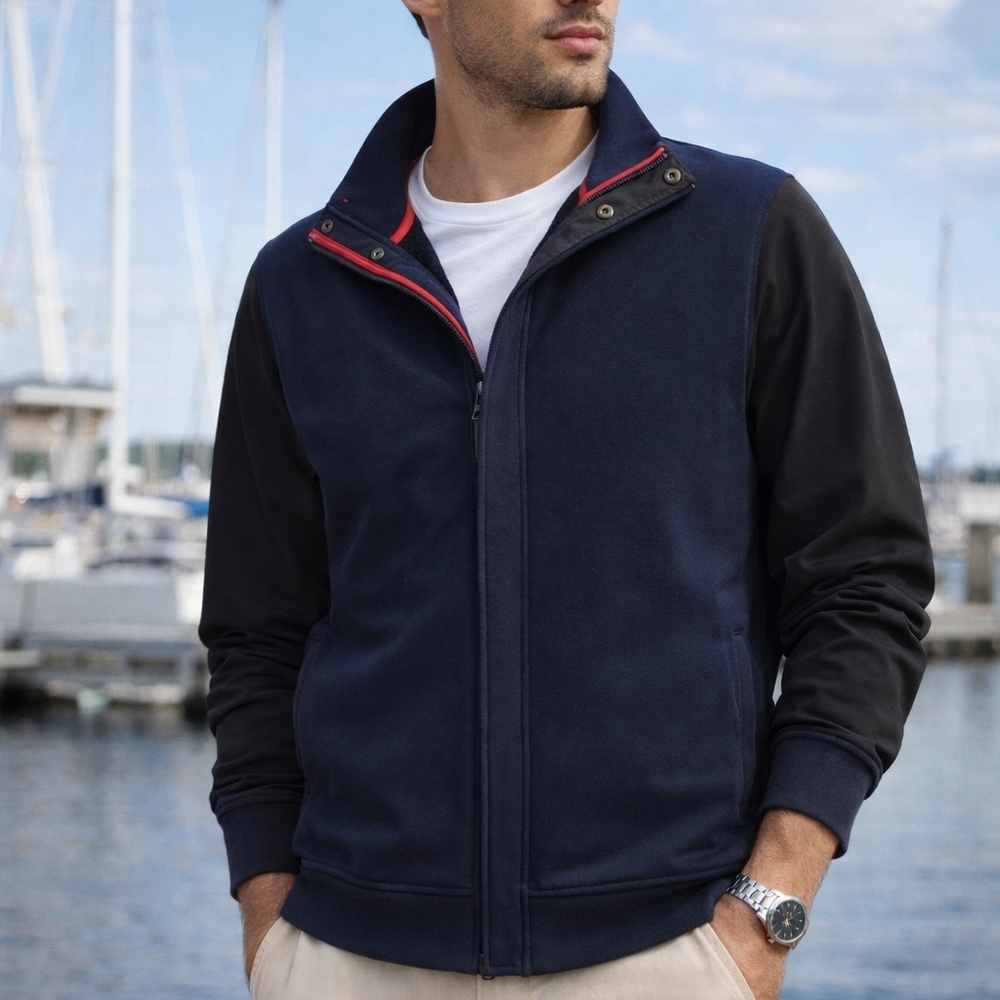 Nautica Men’s Blue Black Harrington Jacket Bomber Zip-front Mock Neck Sportwear